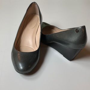 Calvin Klein silver wedge heels, 7.5, faux snake